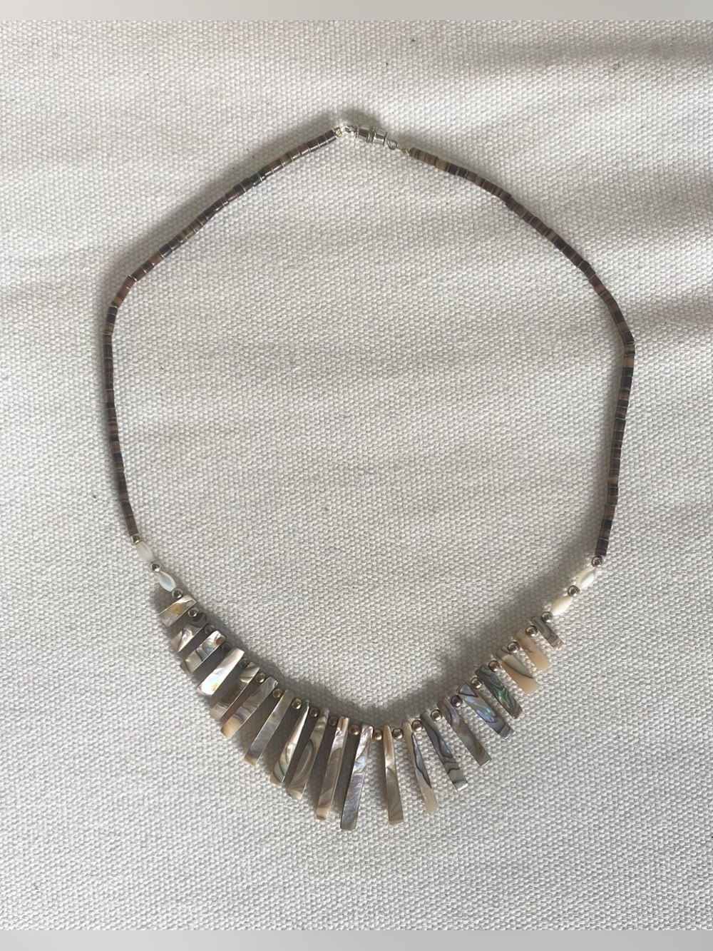 VTG Tiger's Eye & Abalone Graduated Shell Fringe Collar Necklace Barrel Clasp